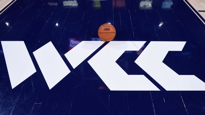 Dec 18, 2019; Spokane, WA, USA; A basketball sit atop of the new WCC logo before a Gonzaga Bulldogs men   s basketball game against the North Carolina Tar Heels at McCarthey Athletic Center. Mandatory Credit: James Snook-USA TODAY Sports