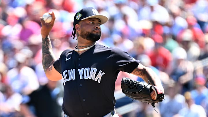 Mar 10, 2026; Clearwater, Florida, USA; New York Yankees starting pitcher Elmer Rodriguez (76) throws in the first inning against the Philadelphia Phillies during spring training at BayCare Ballpark. Mandatory Credit: Jonathan Dyer-Imagn Images
