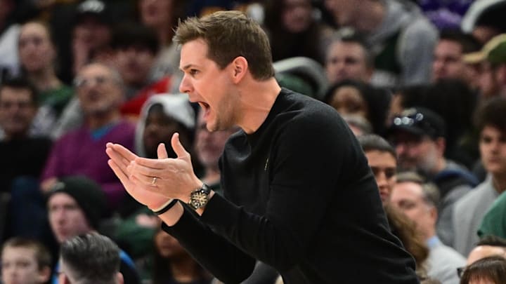 Jan 8, 2024; Milwaukee, Wisconsin, USA;  Utah Jazz head coach Will Hardy reacts in the second quarter against the Milwaukee Bucks at Fiserv Forum. Mandatory Credit: Benny Sieu-Imagn Images