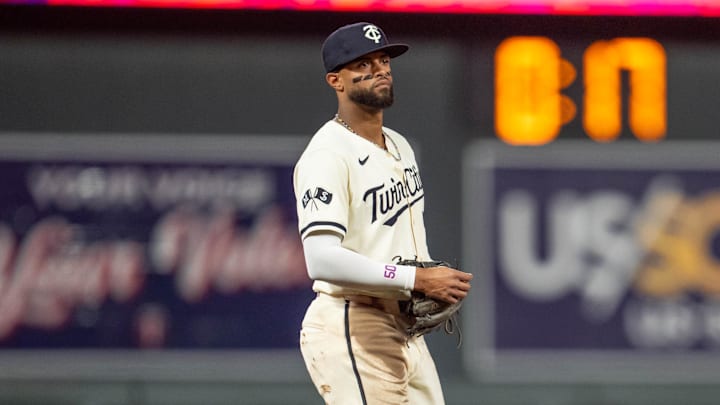 Sep 26, 2024; Minneapolis, Minnesota, USA; Minnesota Twins second base Willi Castro (50) between pitches agains the Miami Marlins at Target Field.
