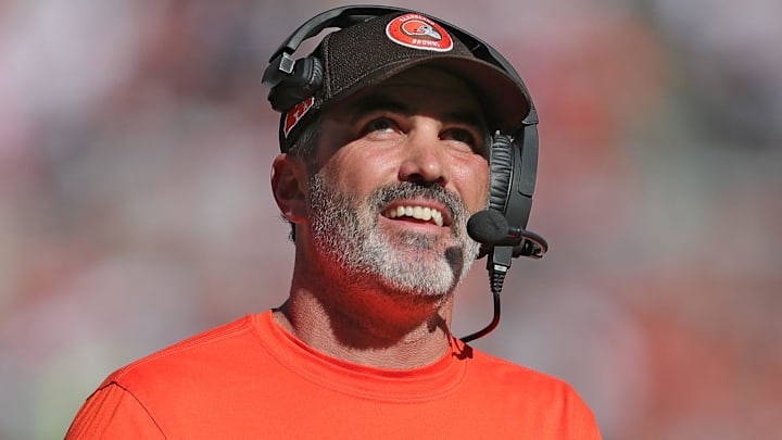 Cleveland Browns head coach Kevin Stefanski is all smiles as he watches running back Nick Chubb score a touchdown during the first half of an NFL football game at Huntington Bank Field, Sunday, Oct. 20, 2024, in Cleveland, Ohio.