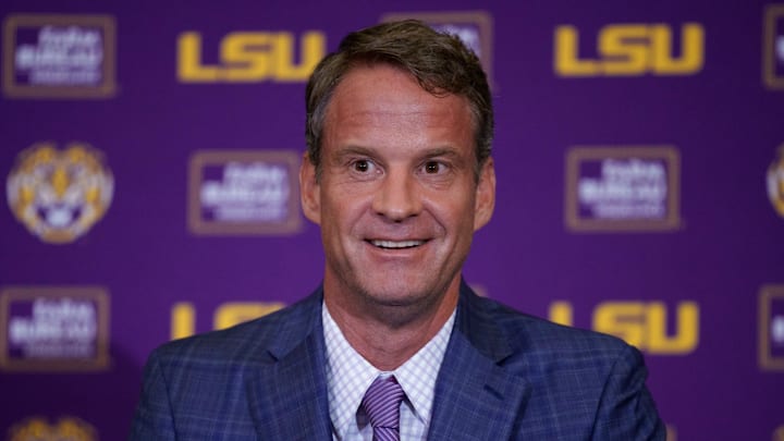Dec 1, 2025; Baton Rouge, LA, USA; LSU new head coach Lane Kiffin speaks at South Stadium Club at Tiger Stadium. Mandatory Credit: Matthew Hinton-Imagn Images