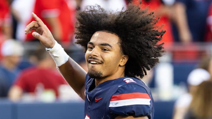 Nov 8, 2025; Tucson, Arizona, USA; Arizona Wildcats defensive back Treydan Stukes (2) celebrates after defeating the Kansas Jayhawks at Arizona Stadium.
