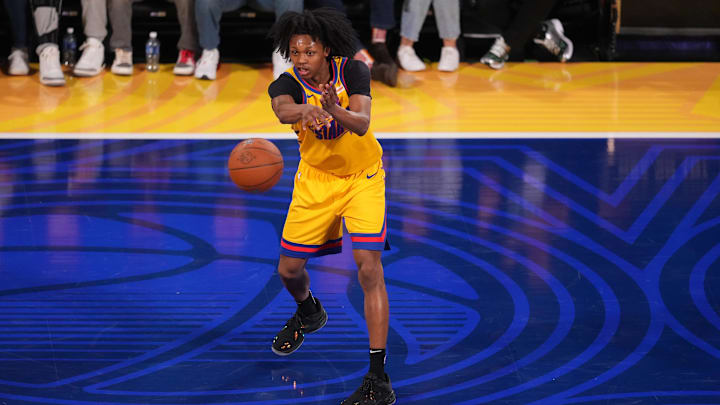 Feb 14, 2025; San Francisco, California, USA; Team M guard Bub Carrington (8) of the Washington Wizards controls the ball during the 2025 NBA Rising Stars Game at Chase Center. Mandatory Credit: Cary Edmondson-Imagn Images