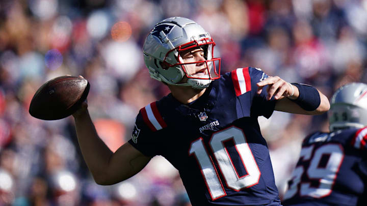 New England Patriots quarterback Drake Maye throws a pass.