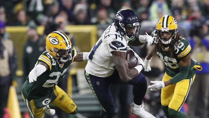 Seattle Seahawks wide receiver D.K. Metcalf (14) runs after the catch during the 2019 playoffs at Lambeau Field.