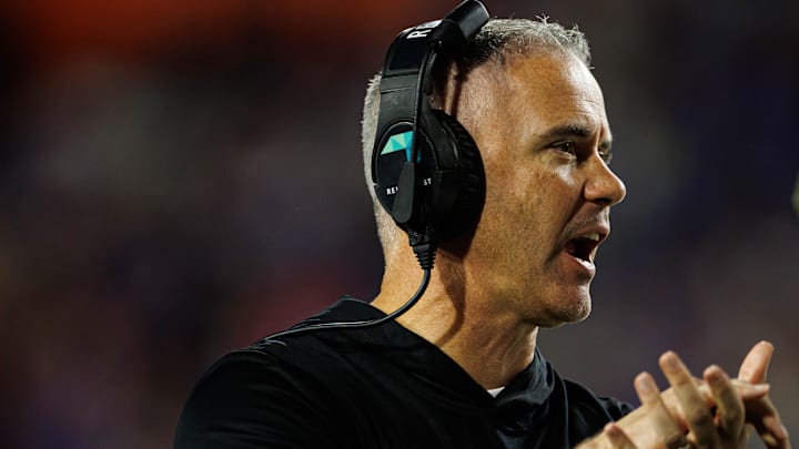 Nov 29, 2025; Gainesville, Florida, USA; Florida State Seminoles head coach Mike Norvell gestures against the Florida Gators during the second half at Ben Hill Griffin Stadium. Mandatory Credit: Matt Pendleton-Imagn Images
