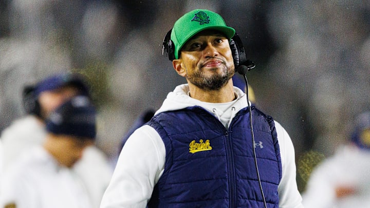 Notre Dame head coach Marcus Freeman looks on during the first half of a NCAA football game against Navy at Notre Dame Stadium on Saturday, Nov. 8, 2025, in South Bend.