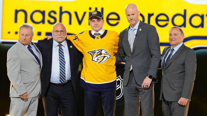 Jun 28, 2024; Las Vegas, Nevada, USA; Egor Surin is selected by the Nashville Predators with the 22nd overall pick in the first round of the 2024 NHL Draft at The Sphere. Mandatory Credit: Stephen R. Sylvanie-Imagn Images Jun 28, 2024; Las Vegas, Nevada, USA; Egor Surin is selected by the Nashville Predators with the 22nd overall pick in the first round of the 2024 NHL Draft at The Sphere. Mandatory Credit: Stephen R. Sylvanie-Imagn Images