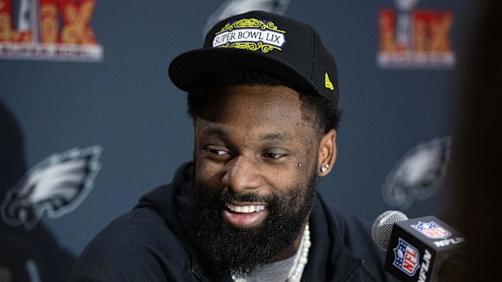 Feb 4, 2025; New Orleans, LA, USA; Philadelphia Eagles linebacker Josh Sweat speaks with the media during a press conference at Hilton New Orleans Riverside. Mandatory Credit: Bill Streicher-Imagn Images
