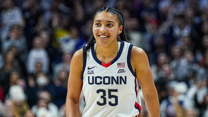 Feb 12, 2025; Storrs, Connecticut, USA; UConn Huskies guard Azzi Fudd (35) reacts after her three point basket against the St. John's Red Storm in the second half at Harry A. Gampel Pavilion. Mandatory Credit: David Butler II-Imagn Images