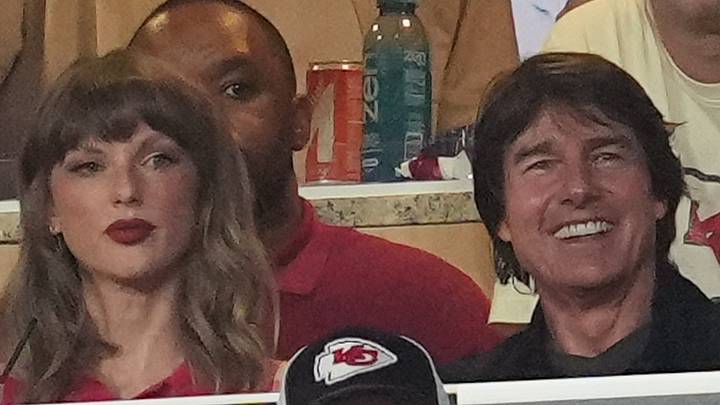 Sep 14, 2026; Kansas City, Missouri, USA; Taylor Swift and Tom Cruise watch the game at GEHA Field at Arrowhead Stadium.