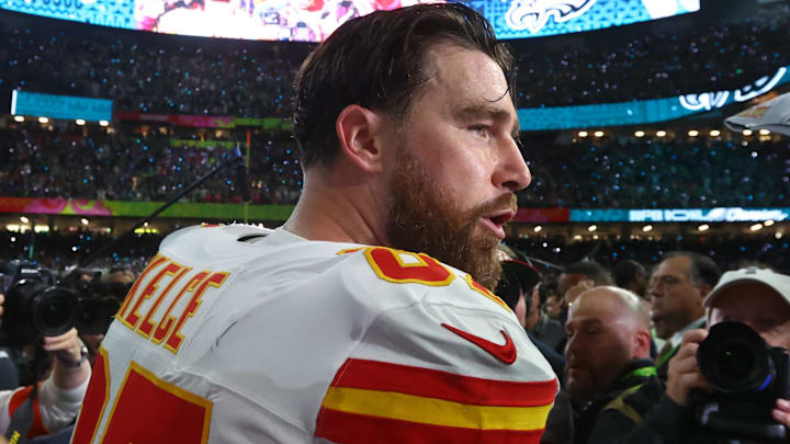 Feb 9, 2025; New Orleans, LA, USA; Kansas City Chiefs tight end Travis Kelce (87) reacts on the field after losing to the Philadelphia Eagles in Super Bowl LIX at Ceasars Superdome. Mandatory Credit: Mark J. Rebilas-Imagn Images