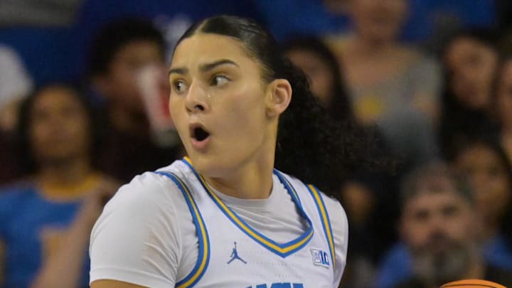 Feb 1, 2026; Los Angeles, California, USA;  UCLA Bruins center Lauren Betts (51) reacts after a foul call in the second half against the Iowa Hawkeyes at Pauley Pavilion presented by Wescom Financial. Mandatory Credit: Jayne Kamin-Oncea-Imagn Images