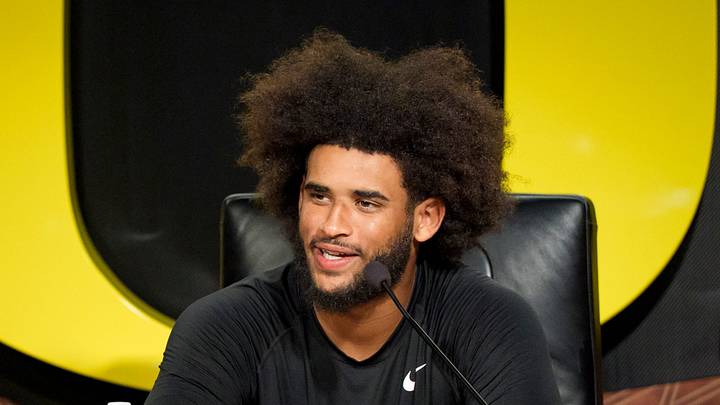 Oregon quarterback Dante Moore speaks during a press conference on Aug. 18, 2026, at the Hatfield-Dowlin Complex in Eugene, Oregon Oregon quarterback Dante Moore speaks during a press conference on Aug. 18, 2026, at the Hatfield-Dowlin Complex in Eugene, Oregon