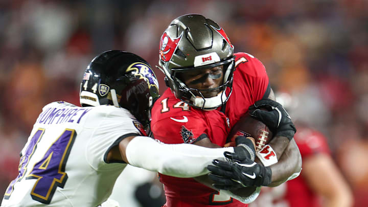 Tampa Bay Buccaneers wide receiver Chris Godwin is pressured by Baltimore Ravens cornerback Marlon Humphrey. Tampa Bay Buccaneers wide receiver Chris Godwin is pressured by Baltimore Ravens cornerback Marlon Humphrey.