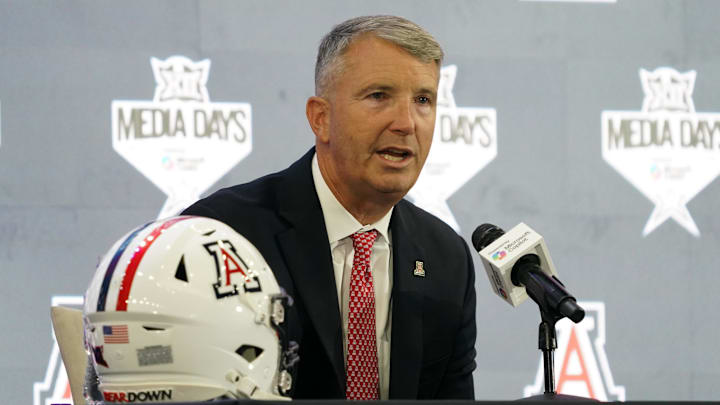 Jul 9, 2025; Frisco, TX, USA; Arizona head coach Brent Brennan speaks with the media during 2025 Big 12 Football Media Days at The Star. Mandatory Credit: Raymond Carlin III-Imagn Images