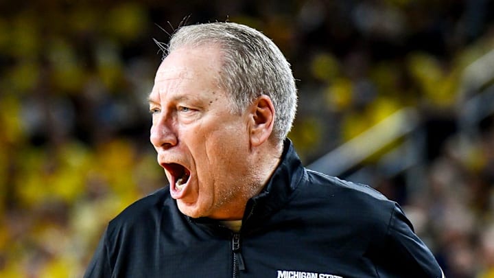 Michigan State's head coach Tom Izzo calls out to players during the second half in the game against Michigan on Sunday, March 8, 2026, at the Crisler Center in Ann Arbor.