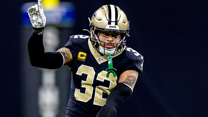 Dec 29, 2024; New Orleans, Louisiana, USA;  New Orleans Saints safety Tyrann Mathieu (32) reacts to a play against the Las Vegas Raiders during the second half at Caesars Superdome. Mandatory Credit: Stephen Lew-Imagn Images