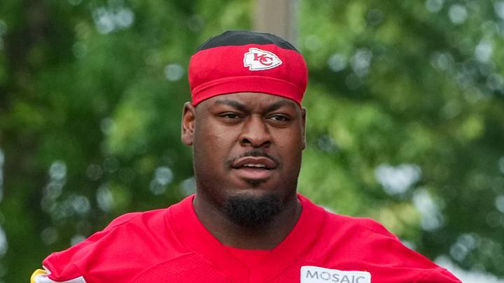 Jul 29, 2026; St. Joseph, MO, USA; Kansas City Chiefs guard Trey Smith (65) walks down the hill to the practice fields during training camp at Missouri Western State University. Mandatory Credit: Denny Medley-Imagn Images