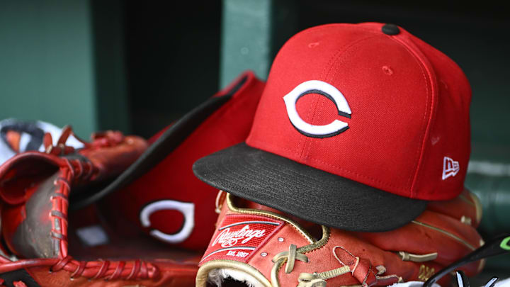 Jul 23, 2025; Washington, District of Columbia, USA; General view of Cincinnati Reds hat during the game against the Washington Nationals at Nationals Park. Mandatory Credit: Brad Mills-Imagn Images