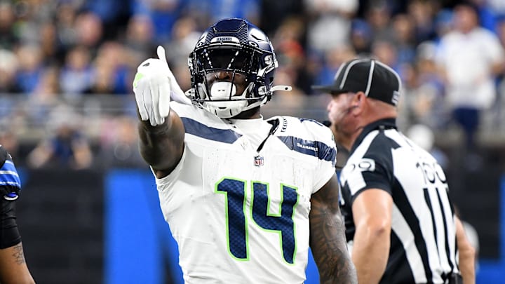 Sep 30, 2024; Detroit, Michigan, USA; Seattle Seahawks wide receiver DK Metcalf (14) celebrates against the Detroit Lions in the first quarter at Ford Field. Mandatory Credit: Eamon Horwedel-Imagn Images Sep 30, 2024; Detroit, Michigan, USA; Seattle Seahawks wide receiver DK Metcalf (14) celebrates against the Detroit Lions in the first quarter at Ford Field. Mandatory Credit: Eamon Horwedel-Imagn Images