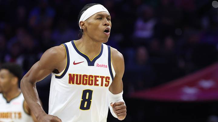 Jan 5, 2026; Philadelphia, Pennsylvania, USA; Denver Nuggets guard Peyton Watson (8) reacts to his score against the Philadelphia 76ers during the first quarter at Xfinity Mobile Arena. Mandatory Credit: Bill Streicher-Imagn Images