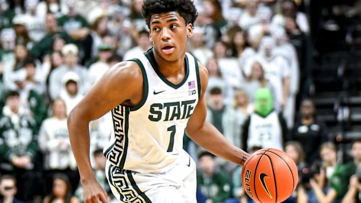 Michigan State's Jeremy Fears Jr. moves the ball against Illinois during the first half on Saturday, Feb. 7, 2026, at the Breslin Center in East Lansing.