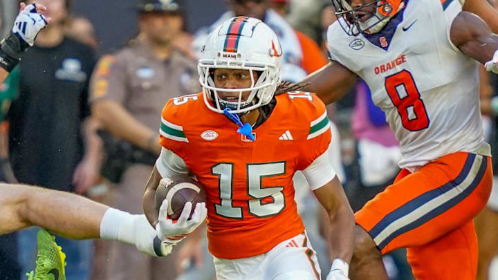 Nov 8, 2025; Miami Gardens, Florida, USA; Miami Hurricanes wide receiver Daylyn Upshaw (15) rushes after a reception against the Syracuse Orange during the second quarter at Hard Rock Stadium. Mandatory Credit: Jeff Romance-Imagn Images Nov 8, 2025; Miami Gardens, Florida, USA; Miami Hurricanes wide receiver Daylyn Upshaw (15) rushes after a reception against the Syracuse Orange during the second quarter at Hard Rock Stadium. Mandatory Credit: Jeff Romance-Imagn Images