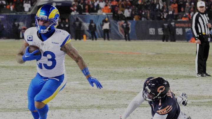 Jan 18, 2026; Chicago, IL, USA; Los Angeles Rams running back Kyren Williams (23) runs for a five-yard touchdown against Chicago Bears safety C.J. Gardner-Johnson (35) during the fourth quarter of an NFC Divisional Round game at Soldier Field. Mandatory Credit: David Banks-Imagn Images