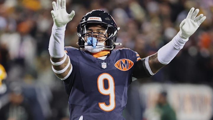 Dec 20, 2025; Chicago, Illinois, USA; Chicago Bears safety Jaquan Brisker (9) reacts against the Green Bay Packers during the first quarter at Soldier Field. Mandatory Credit: Mike Dinovo-Imagn Images
