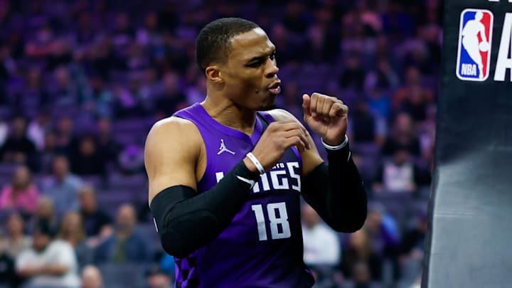 Feb 6, 2026; Sacramento, California, USA; Sacramento Kings guard Russell Westbrook (18) reacts after a call during the first quarter against the Los Angeles Clippers at Golden 1 Center. Mandatory Credit: Sergio Estrada-Imagn Images Feb 6, 2026; Sacramento, California, USA; Sacramento Kings guard Russell Westbrook (18) reacts after a call during the first quarter against the Los Angeles Clippers at Golden 1 Center. Mandatory Credit: Sergio Estrada-Imagn Images
