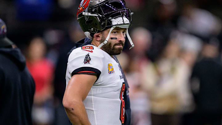 Oct 13, 2024; New Orleans, Louisiana, USA; Tampa Bay Buccaneers quarterback Baker Mayfield (6) warms up before a game against the New Orleans Saints at Caesars Superdome. Mandatory Credit: Matthew Hinton-Imagn Images