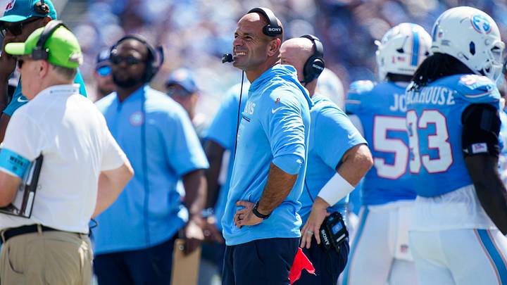 Tennessee Titans coach Robert Saleh watches after throwing his challenge flag during the first quarter against the New York Jets at Nissan Stadium in Nashville, Tenn., Sunday, Sept. 13, 2026. Tennessee Titans coach Robert Saleh watches after throwing his challenge flag during the first quarter against the New York Jets at Nissan Stadium in Nashville, Tenn., Sunday, Sept. 13, 2026.