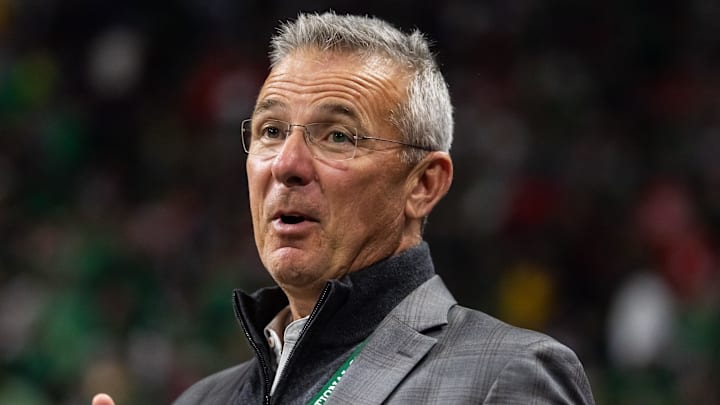 Jan 20, 2025; Atlanta, GA, USA; Ohio State Buckeyes former head coach Urban Meyer in attendance against the Notre Dame Fighting Irish during the CFP National Championship college football game at Mercedes-Benz Stadium. Mandatory Credit: Mark J. Rebilas-Imagn Images Jan 20, 2025; Atlanta, GA, USA; Ohio State Buckeyes former head coach Urban Meyer in attendance against the Notre Dame Fighting Irish during the CFP National Championship college football game at Mercedes-Benz Stadium. Mandatory Credit: Mark J. Rebilas-Imagn Images