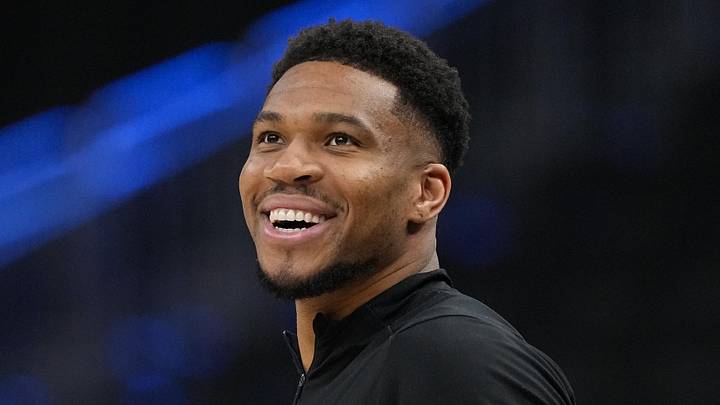 Apr 10, 2026; Milwaukee, Wisconsin, USA;  Milwaukee Bucks forward Giannis Antetokounmpo enjoys a moment during warmups prior to the game against the Brooklyn Nets at Fiserv Forum. Mandatory Credit: Jeff Hanisch-Imagn Images