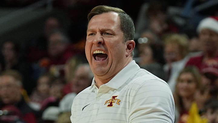 Iowa State Cyclones men's basketball head coach T.J. Otzelberger reacts from the bench during the second half against Eastern Illinois on December 14, 2025, at Hilton Coliseum in Ames, Iowa.