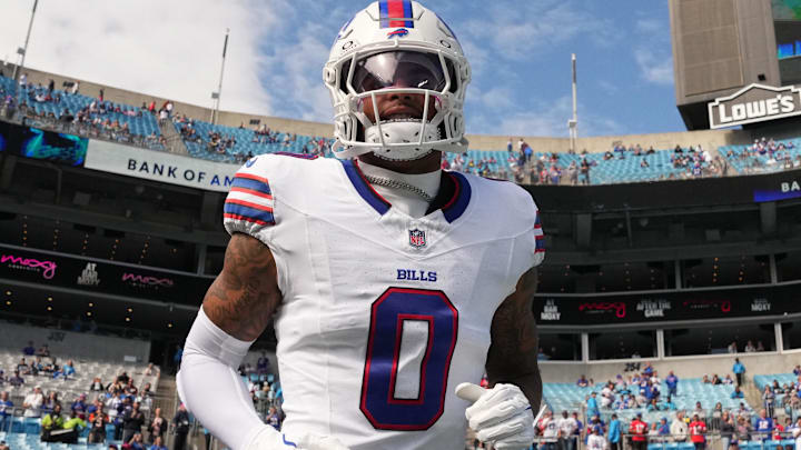 Buffalo Bills WR Keon Coleman runs on to the field before the game at Bank of America Stadium.