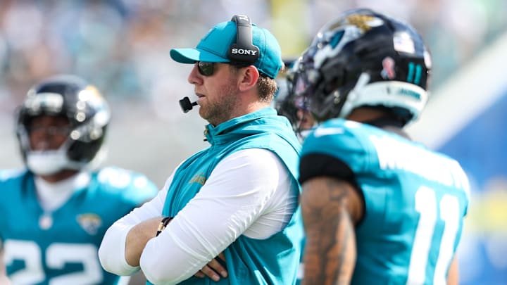 Sep 7, 2025; Jacksonville, Florida, USA; Jacksonville Jaguars head coach Liam Coen stands on the sidelines during the second half of a game against the Carolina Panthers at EverBank Stadium. Mandatory Credit: Morgan Tencza-Imagn Images