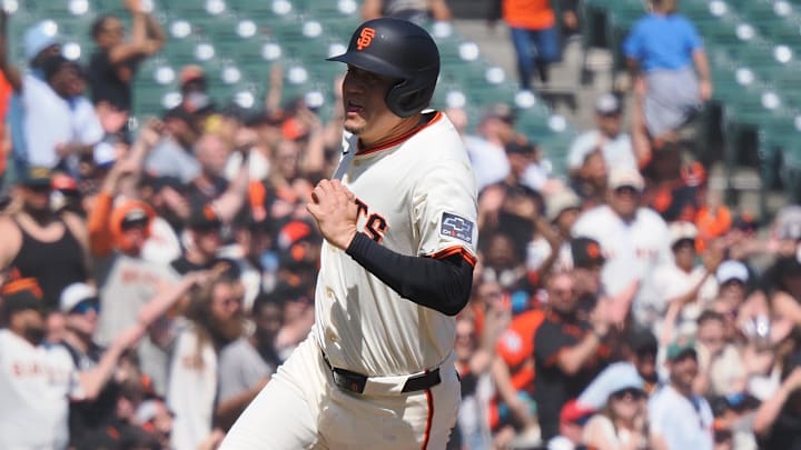 Apr 9, 2025; San Francisco, California, USA; San Francisco Giants designated hitter Wilmer Flores (41) rounds third base for a run against the Cincinnati Reds during the sixth inning at Oracle Park. Apr 9, 2025; San Francisco, California, USA; San Francisco Giants designated hitter Wilmer Flores (41) rounds third base for a run against the Cincinnati Reds during the sixth inning at Oracle Park.