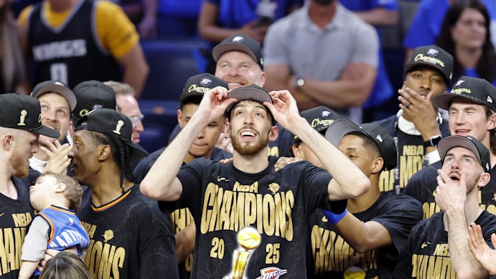 Jun 22, 2025; Oklahoma City, Oklahoma, USA; Oklahoma City Thunder forward Chet Holmgren (7) celebrates after winning game seven of the 2025 NBA Finals against the Indiana Pacers at Paycom Center. Mandatory Credit: Alonzo Adams-Imagn Images