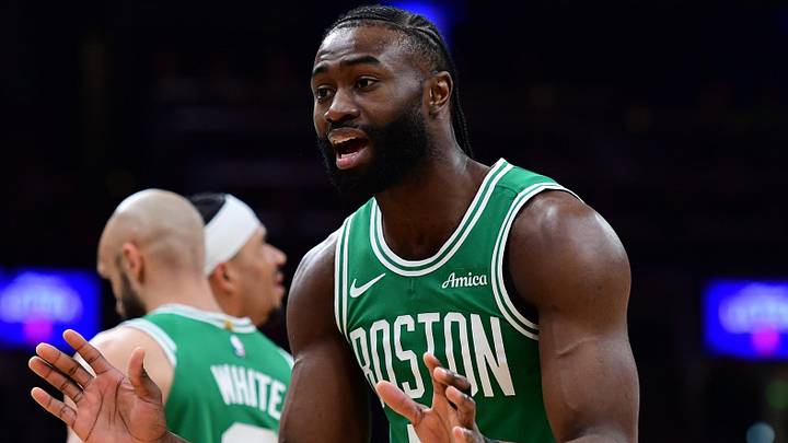 Feb 23, 2025; Boston, Massachusetts, USA; Boston Celtics guard Jaylen Brown (7) reacts after a call during the first half against the New York Knicks at TD Garden. Mandatory Credit: Bob DeChiara-Imagn Images Feb 23, 2025; Boston, Massachusetts, USA; Boston Celtics guard Jaylen Brown (7) reacts after a call during the first half against the New York Knicks at TD Garden. Mandatory Credit: Bob DeChiara-Imagn Images