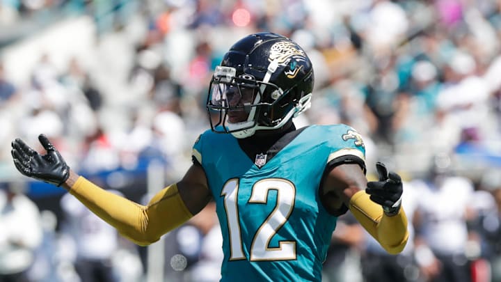 Sep 21, 2025; Jacksonville, Florida, USA; Jacksonville Jaguars defensive back Travis Hunter (12) reacts during the second quarter against the Houston Texans at EverBank Stadium. Mandatory Credit: Travis Register-Imagn Images
