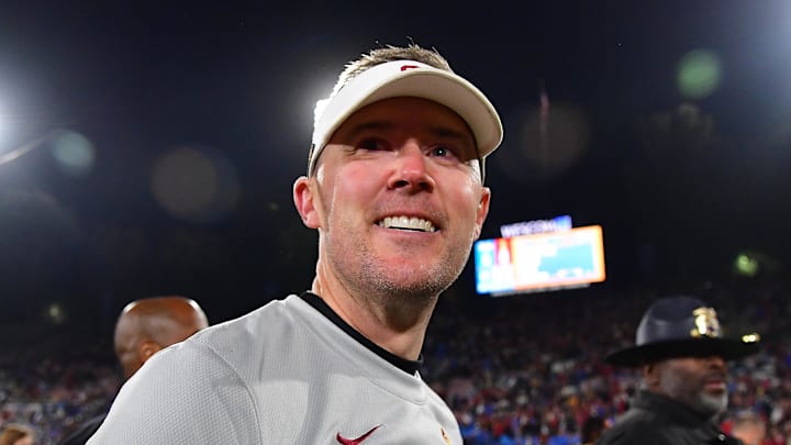 Nov 19, 2022; Pasadena, California, USA; Southern California Trojans head coach Lincoln Riley reacts following the victory against the UCLA Bruins at the Rose Bowl. Mandatory Credit: Gary A. Vasquez-Imagn Images Nov 19, 2022; Pasadena, California, USA; Southern California Trojans head coach Lincoln Riley reacts following the victory against the UCLA Bruins at the Rose Bowl. Mandatory Credit: Gary A. Vasquez-Imagn Images