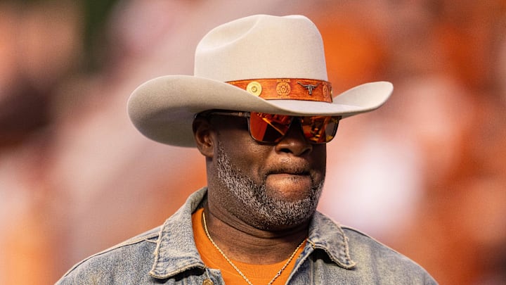 Former Texas Longhorns quarterback Vince Young in attendance against the Kentucky Wildcats during the third quarter at Darrell K Royal-Texas Memorial Stadium.