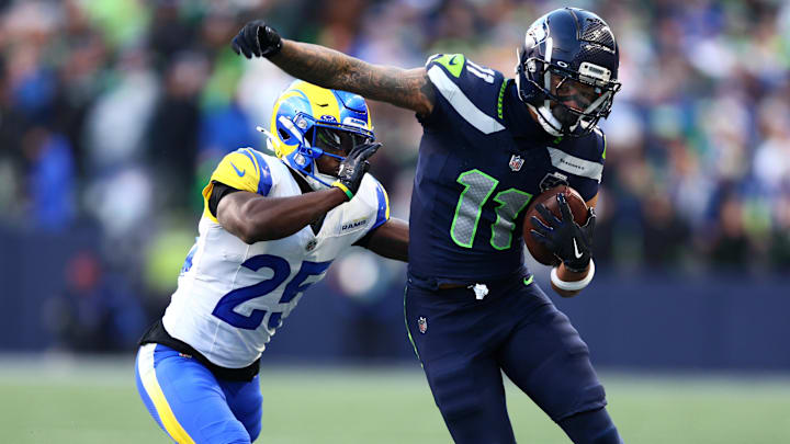 Seattle Seahawks wide receiver Jaxon Smith-Njigba runs against Los Angeles Rams cornerback Roger McCreary.