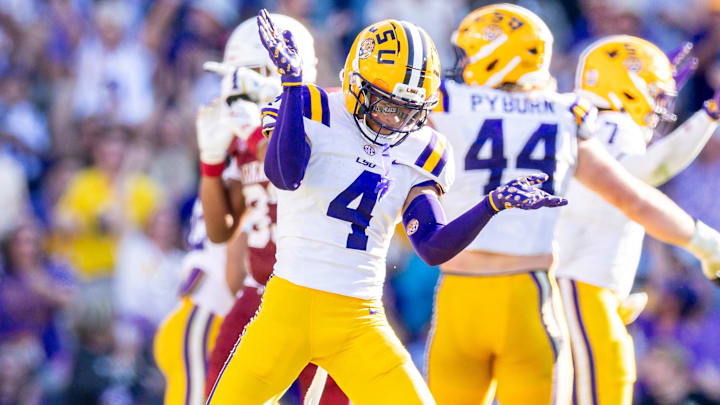 LSU Tigers cornerback Mansoor Delane reacts to a stop on fourth down against the Arkansas Razorbacks.