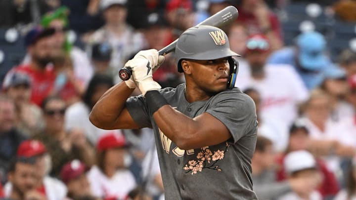 Sep 29, 2024; Washington, District of Columbia, USA; Washington Nationals left fielder Stone Garrett (36) waits for a pitch during an at bat against the Philadelphia Phillies during the eighth inning at Nationals Park