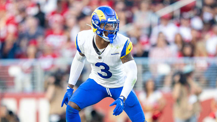 November 9, 2025; Santa Clara, California, USA; Los Angeles Rams safety Kam Curl (3) during the fourth quarter against the San Francisco 49ers at Levi's Stadium. Mandatory Credit: Kyle Terada-Imagn Images