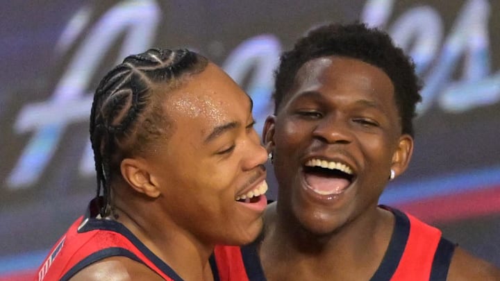 Team USA Stars forward Scottie Barnes of the Toronto Raptors and Anthony Edwards of the Minnesota Timberwolves.